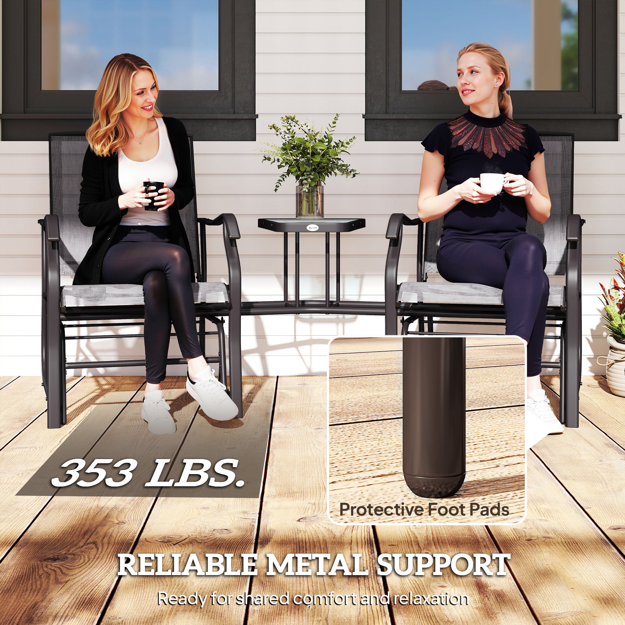 Outdoor Glider Chairs with Coffee Table, Patio 2-Seat Rocking Chair Swing Loveseat with Breathable Sling for Backyard, Garden, and Porch