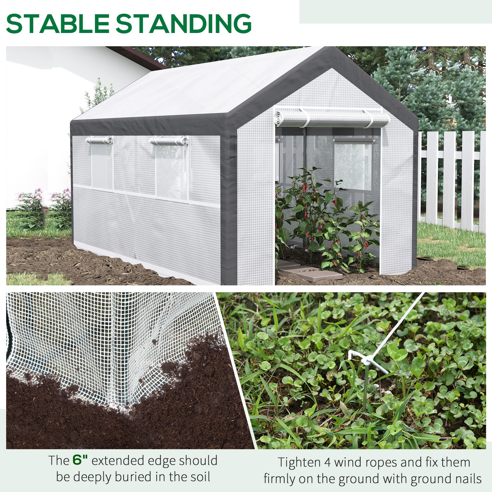 12' x 7' x 7' Greenhouse, Walk-in Outdoor Tunnel Green House with PE Cover, Steel Frame, 2 Roll-Up Zipper Doors & 4 Windows for Flowers, Vegetables, Tropical Plants, White/Dark Gray