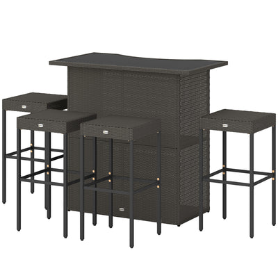 5 Piece Rattan Wicker Bar Set, High Top Outdoor Table and Chairs, Bar Height Patio Set, 2 Shelves & 4 Bar Stools