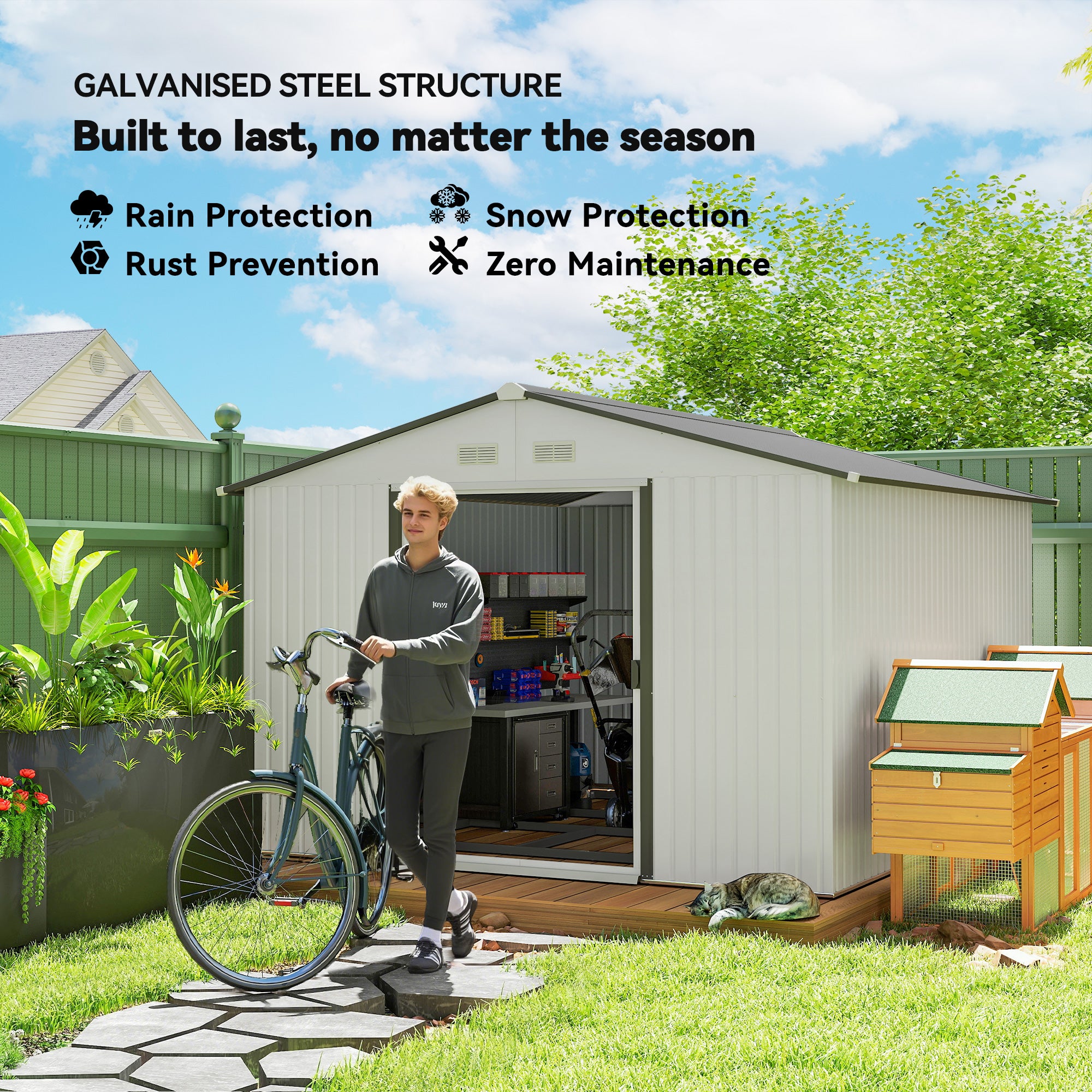 11' x 9' Outdoor Storage Shed, Garden Tool Metal Shed with Foundation Kit, Double Lockable Door, Air Vents and Sloping Roof, for Backyard, Patio, Lawn