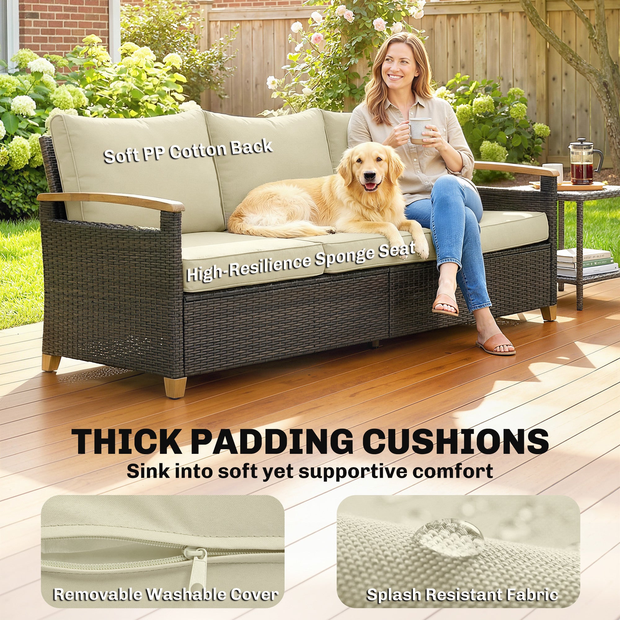 3 Seater Outdoor Couch Sofa, PE Wicker Patio Sofa, Wide Deep Seat, 4" Cushions, Wood-Effect Armrests Legs