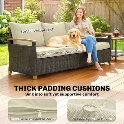 3 Seater Outdoor Couch Sofa, PE Wicker Patio Sofa, Wide Deep Seat, 4" Cushions, Wood-Effect Armrests Legs