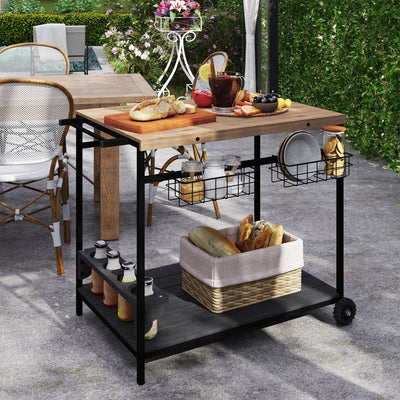 Outdoor Bar Cart Patio Serving Cart with Wine Holders Natural