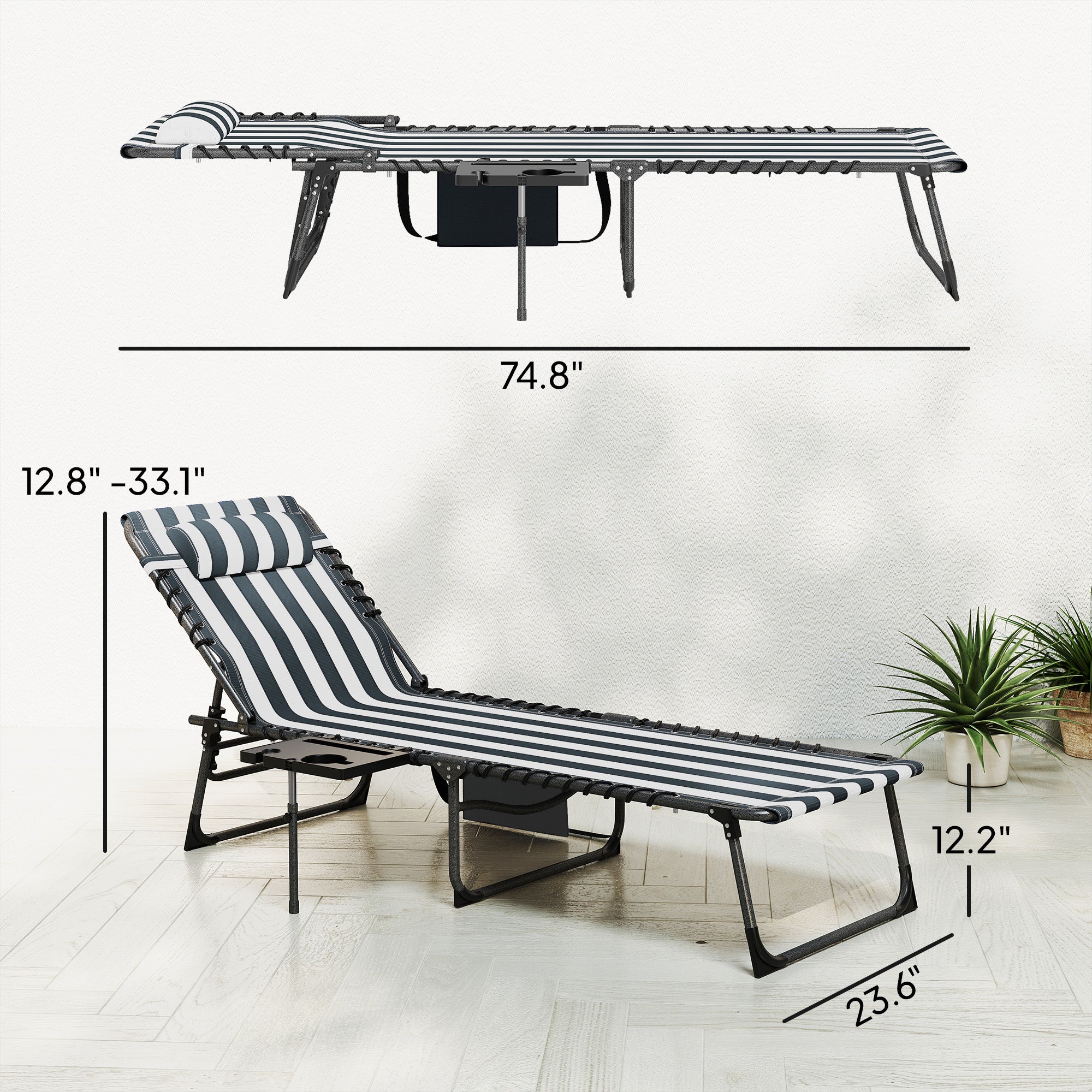 Folding Outdoor Chaise Lounge Chair Tanning Chair with 5-Level Adjustable Back, Side Table, Pillow, Pocket