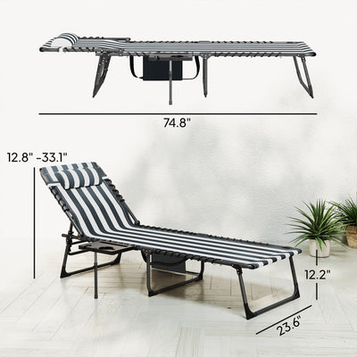 Folding Outdoor Chaise Lounge Chair Tanning Chair with 5-Level Adjustable Back, Side Table, Pillow, Pocket