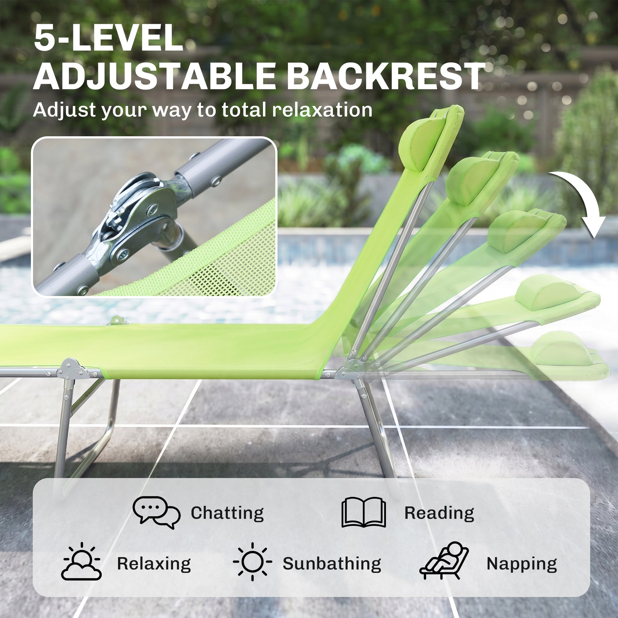 Folding Chaise Lounge Pool Chairs, Outdoor Sun Tanning Chairs with Pillow, Reclining Back, Steel Frame & Breathable Mesh for Beach, Yard, Patio,  Green