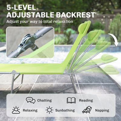 Folding Chaise Lounge Pool Chairs, Outdoor Sun Tanning Chairs with Pillow, Reclining Back, Steel Frame & Breathable Mesh for Beach, Yard, Patio,  Green