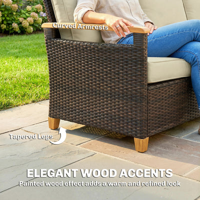 3 Seater Outdoor Couch Sofa, PE Wicker Patio Sofa, Wide Deep Seat, 4" Cushions, Wood-Effect Armrests Legs