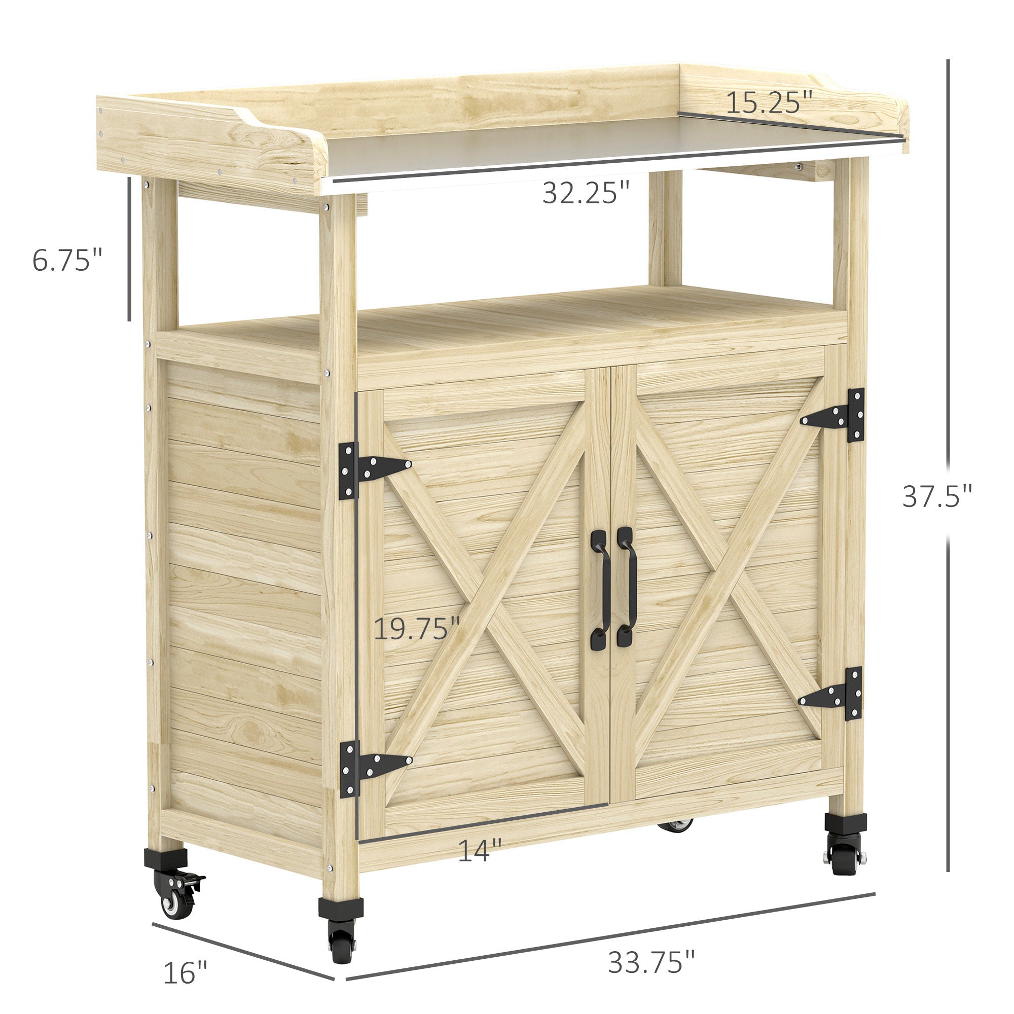 Outdoor Wooden Potting Bench with Storage Cabinet, Aluminum Tabletop, Rubber Wheels for Backyard, Patio, Balcony