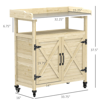Outdoor Wooden Potting Bench with Storage Cabinet, Aluminum Tabletop, Rubber Wheels for Backyard, Patio, Balcony