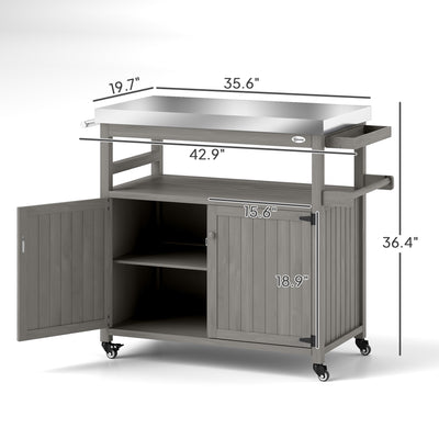 Outdoor Grill Cart w/ Stainless Steel Top, Solid Wood Outdoor Kitchen Island w/ Wheels, Storage Cabinets