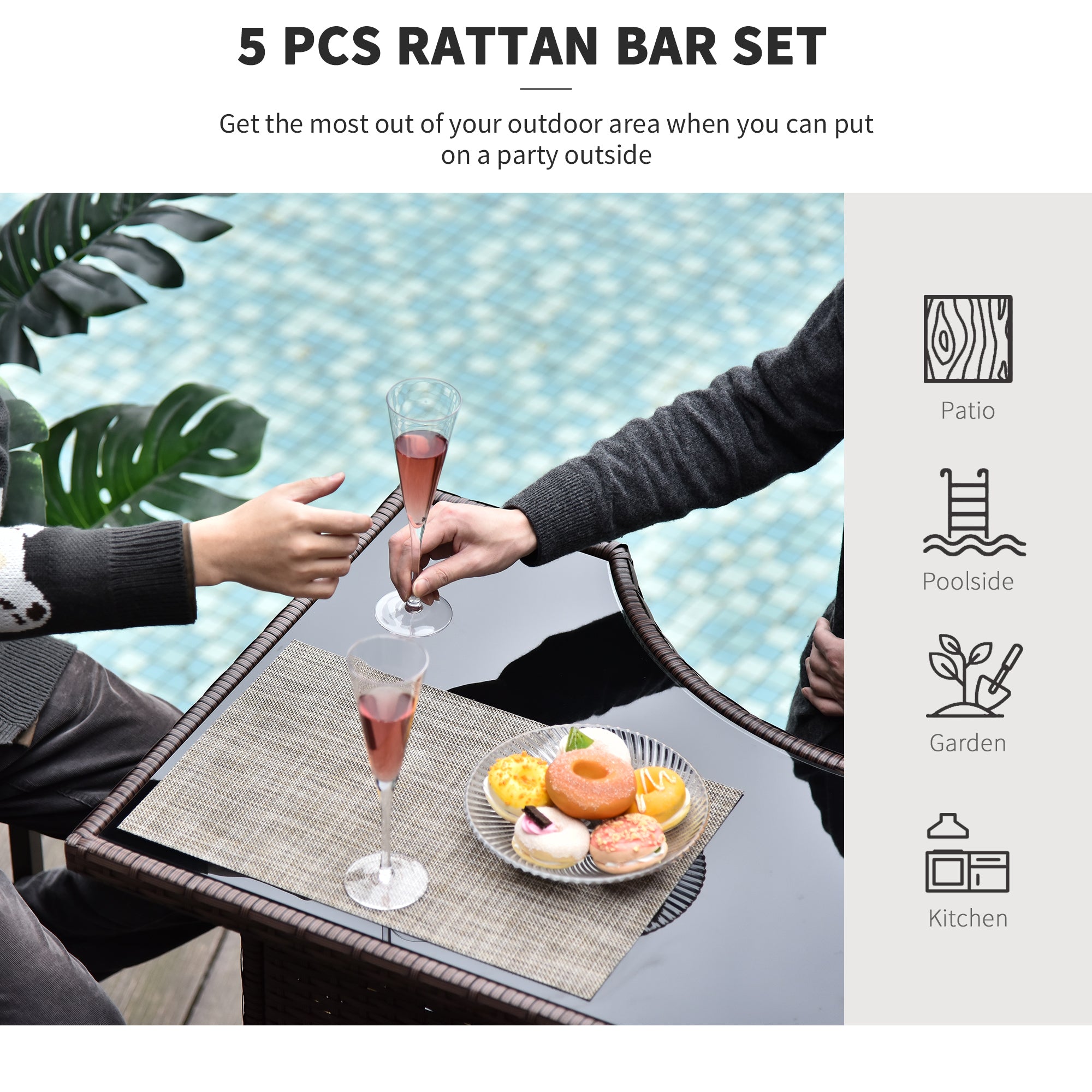 5 Piece Wicker Outdoor Bar Set, High Top Outdoor Table and Chairs, Height Patio Set with Glass Table Top 2 Tier Storage Shelf and 4 Bar Stools for Garden, Poolside, Dark Brown