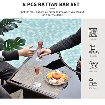 5 Piece Wicker Outdoor Bar Set, High Top Outdoor Table and Chairs, Height Patio Set with Glass Table Top 2 Tier Storage Shelf and 4 Bar Stools for Garden, Poolside, Dark Brown