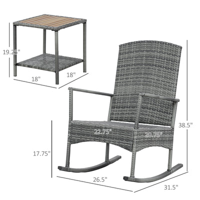 3 Piece Outdoor PE Rattan Rocking Chair Set, Patio Wicker Recliner Rocker Chair with Soft Cushion & Nature Wood Top Coffee Table, Gray