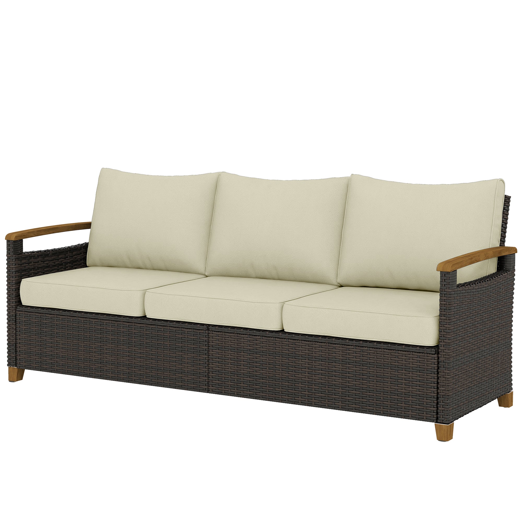 3 Seater Outdoor Couch Sofa, PE Wicker Patio Sofa, Wide Deep Seat, 4" Cushions, Wood-Effect Armrests Legs