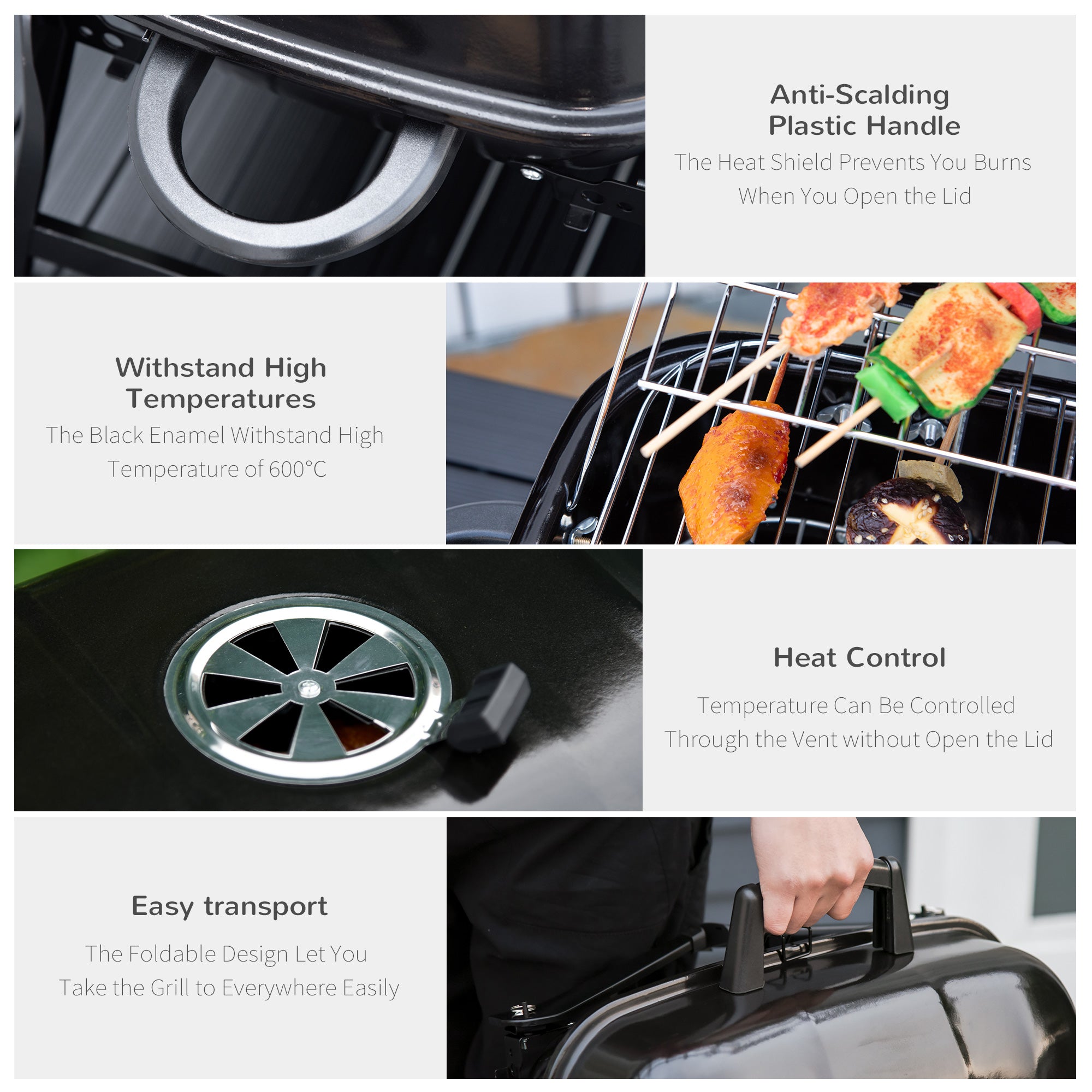 14" Portable Grill, Small Charcoal Grill for Outdoor Cooking, BBQ, Camping, Enamel Coated, Folding Legs, Black