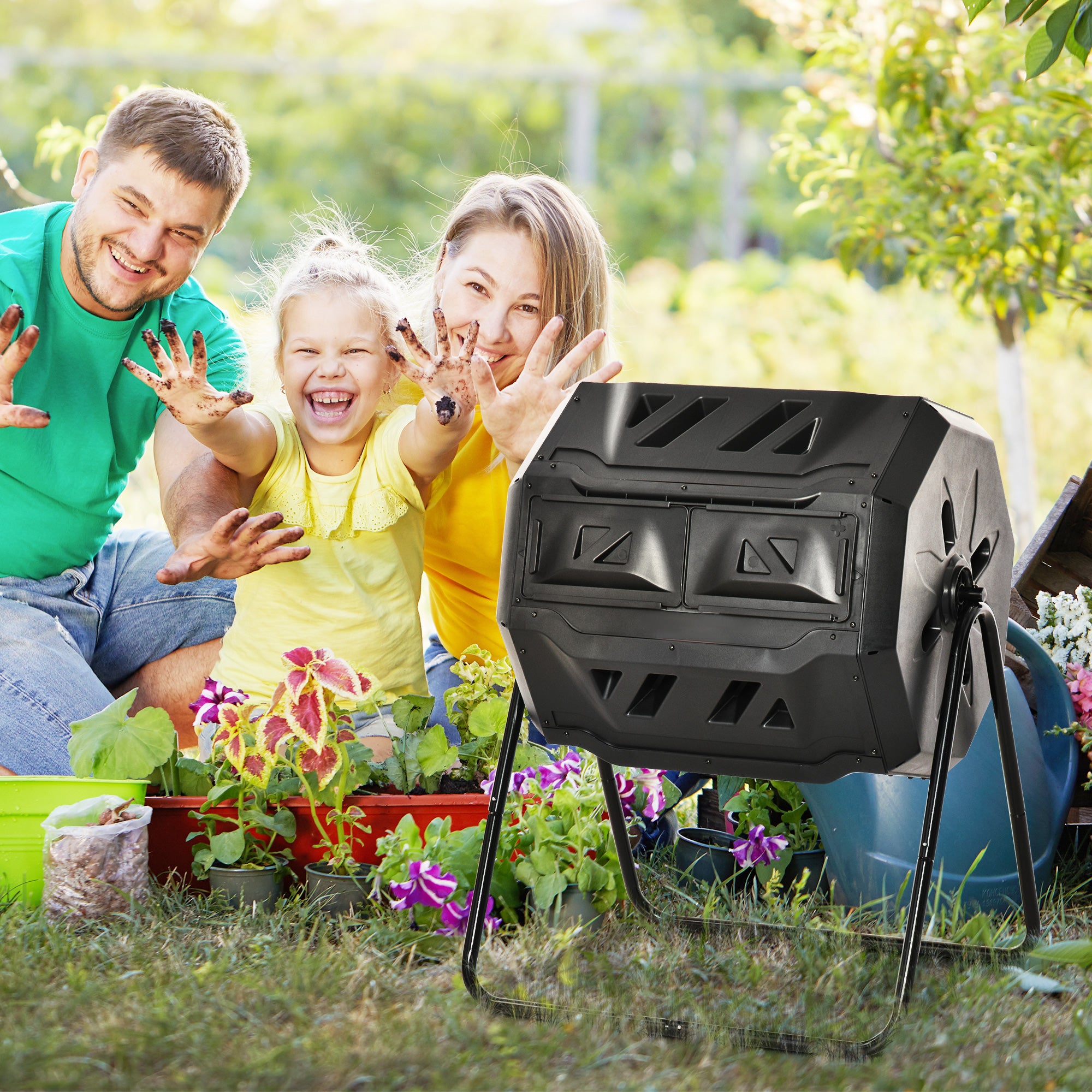 Tumbling Compost Bin Outdoor 360° Dual Chamber Rotating Composter 43 Gallon