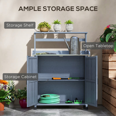 Outdoor Wooden Potting Bench with Storage Cabinet, Shelves, Galvanized Plated Tabletop for Backyard, Balcony