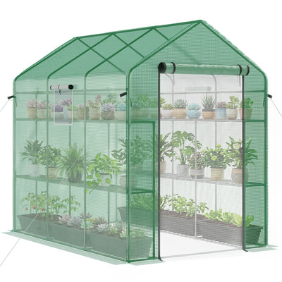 7' x 5' x 6' Walk-in Greenhouse for Outdoors with Mesh Door and Windows, 18 Shelf Hot House with Trellis, Plant Labels, UV Protective for Growing Flowers, Herbs, Vegetables, Saplings, Green
