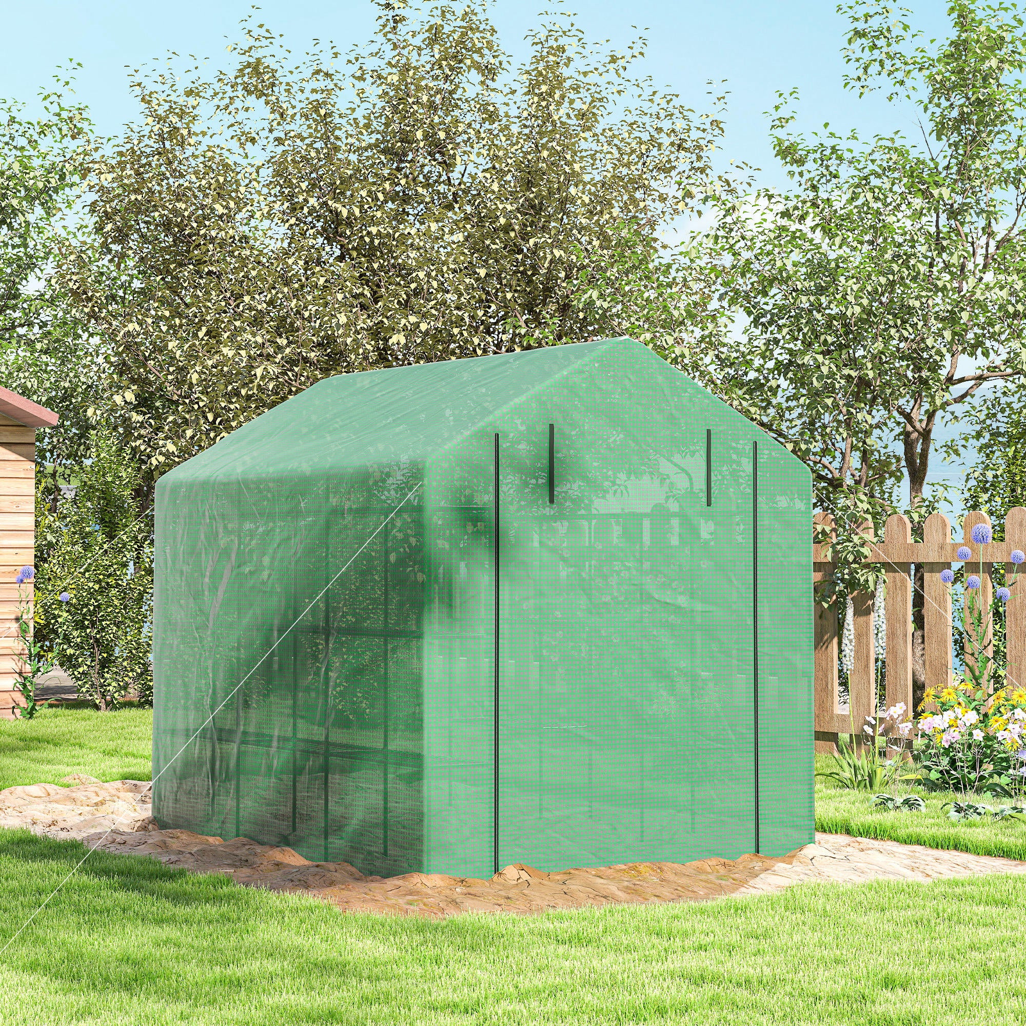 Outdoor Walk-in Greenhouse with Roll-up Zipper Door, 18 Shelves, PE Cover, 95.25" x 70.75" x 82.75", Green