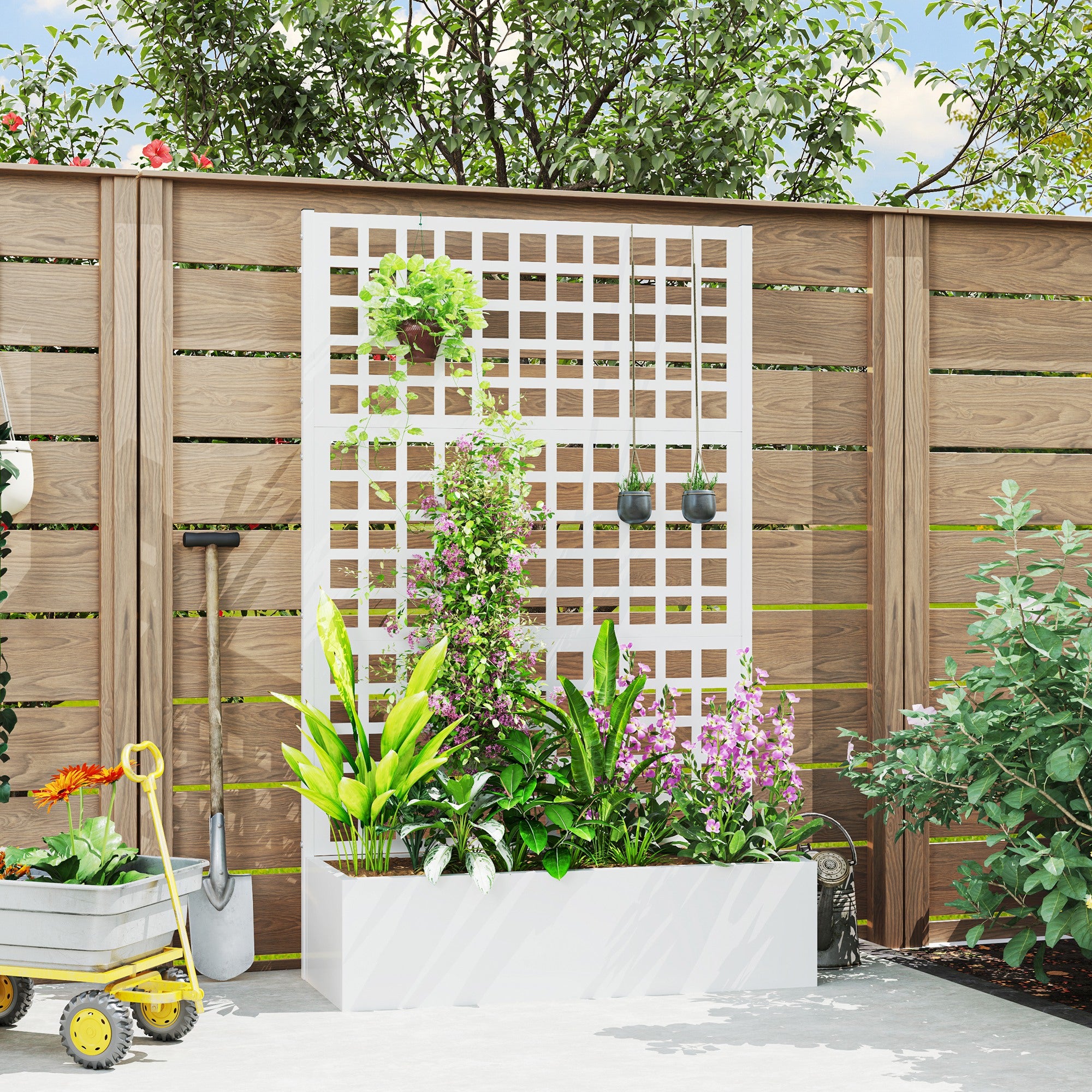 Galvanized Raised Garden Bed Planter Box with Trellis for Climbing Plants, Vegetable, Vines, 43" x 16" x 70"