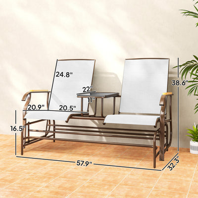Outdoor 2-Person Glider Bench, Outside Glider Swing Chair Loveseat with Table, Steel Frame