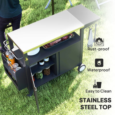Outdoor Grill Cart Table with Stainless Steel Top, Movable Pizza Oven Table with Foldable Side Table, Wheels