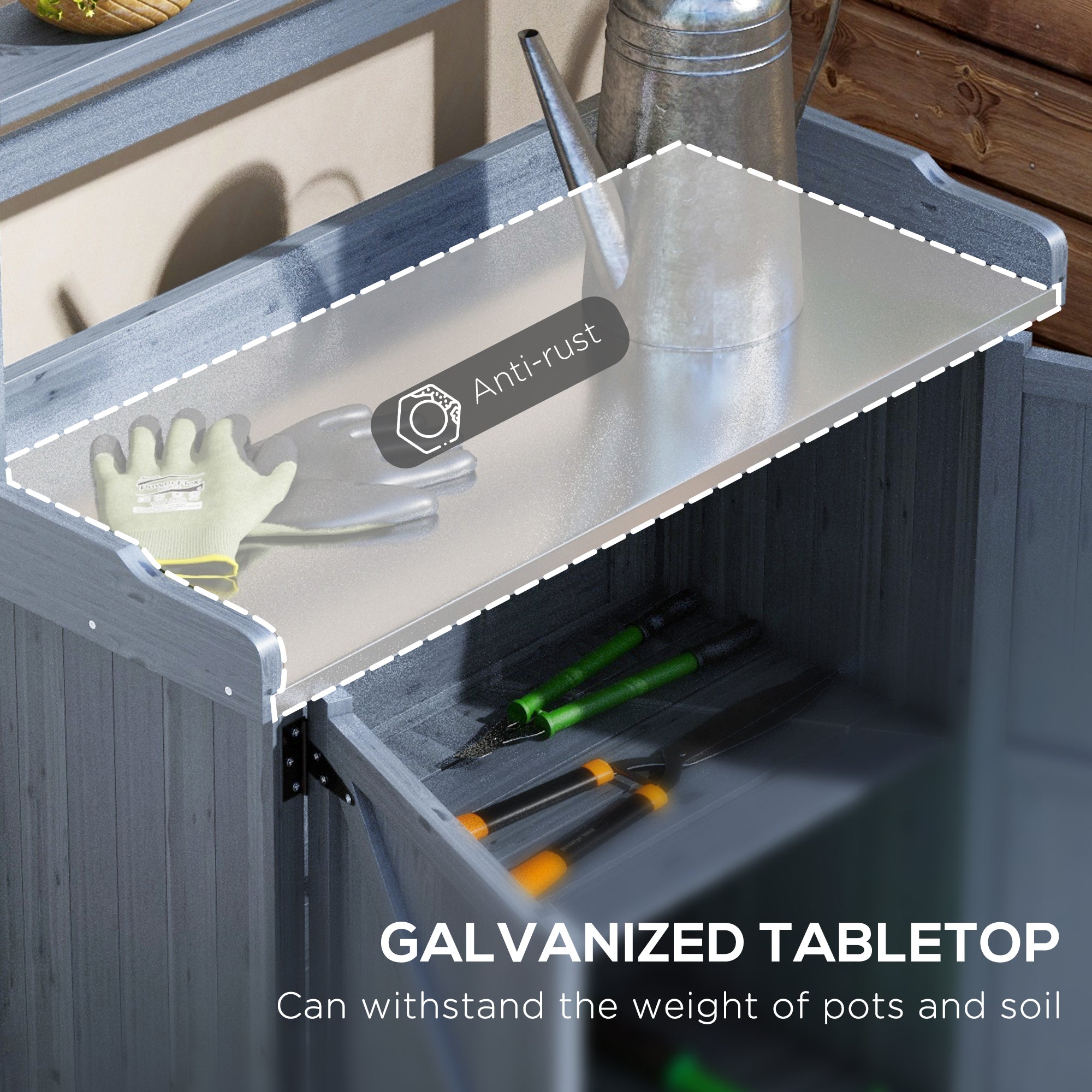 Outdoor Wooden Potting Bench with Storage Cabinet, Shelves, Galvanized Plated Tabletop for Backyard, Balcony