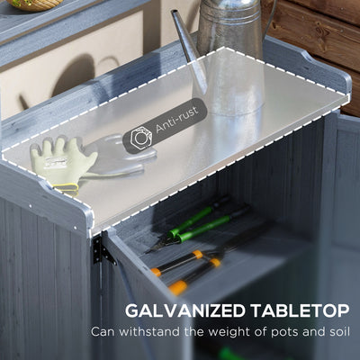 Outdoor Wooden Potting Bench with Storage Cabinet, Shelves, Galvanized Plated Tabletop for Backyard, Balcony