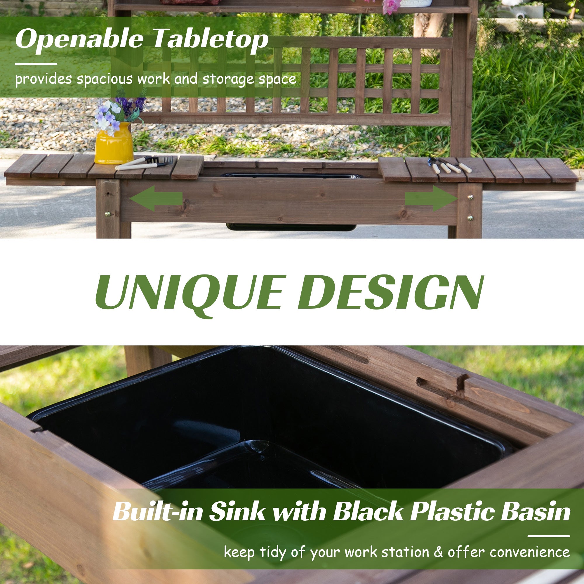 Outdoor Potting Bench Table, Wooden Workstation with Sliding Tabletop, Storage Shelf and Dry Sink, for Greenhouse, Garden, Patio