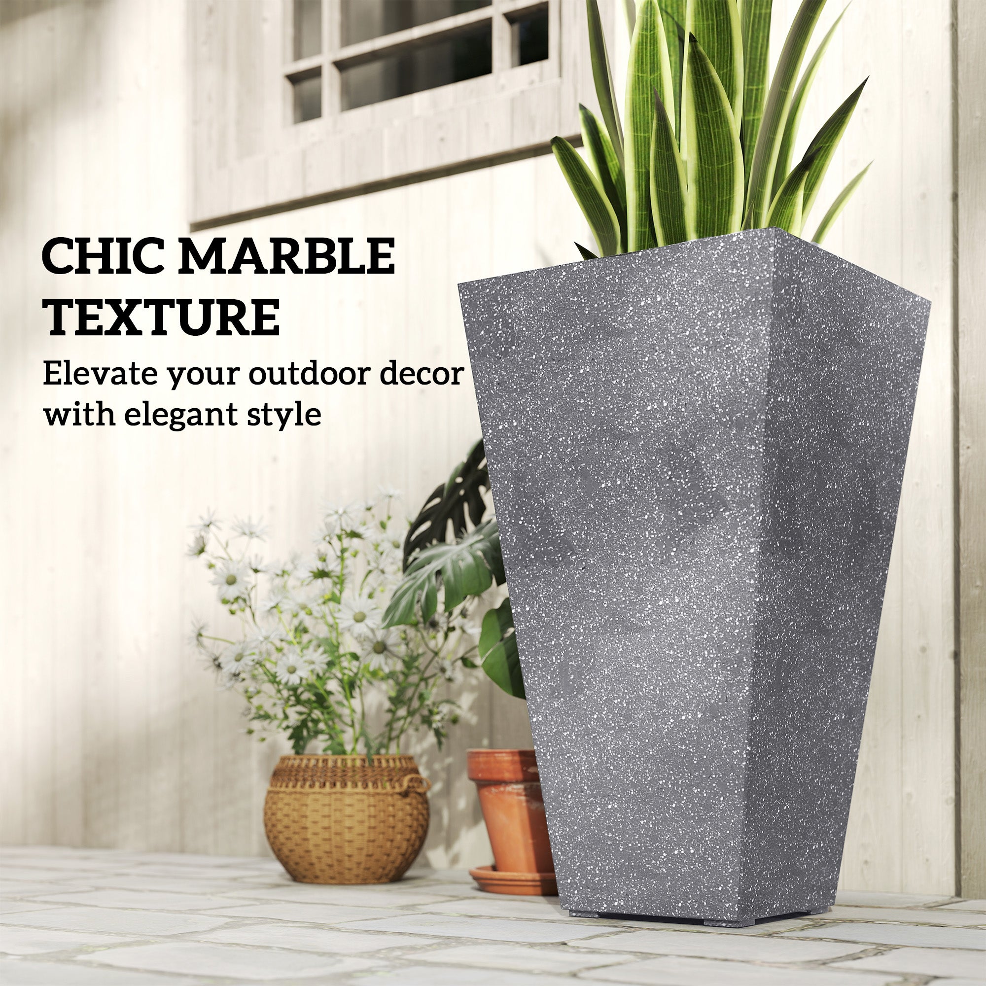 28" Tall Planters, Set of 3 Plastic Flower Pots with Marble Finish and Drainage Holes, Stackable Taper Planters