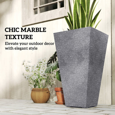 28" Tall Planters, Set of 3 Plastic Flower Pots with Marble Finish and Drainage Holes, Stackable Taper Planters