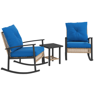 3 Pieces Bistro Set, Patio Wicker Furniture Set with Button Tufted Cushions, Rattan Rocking Chairs, Coffee Table