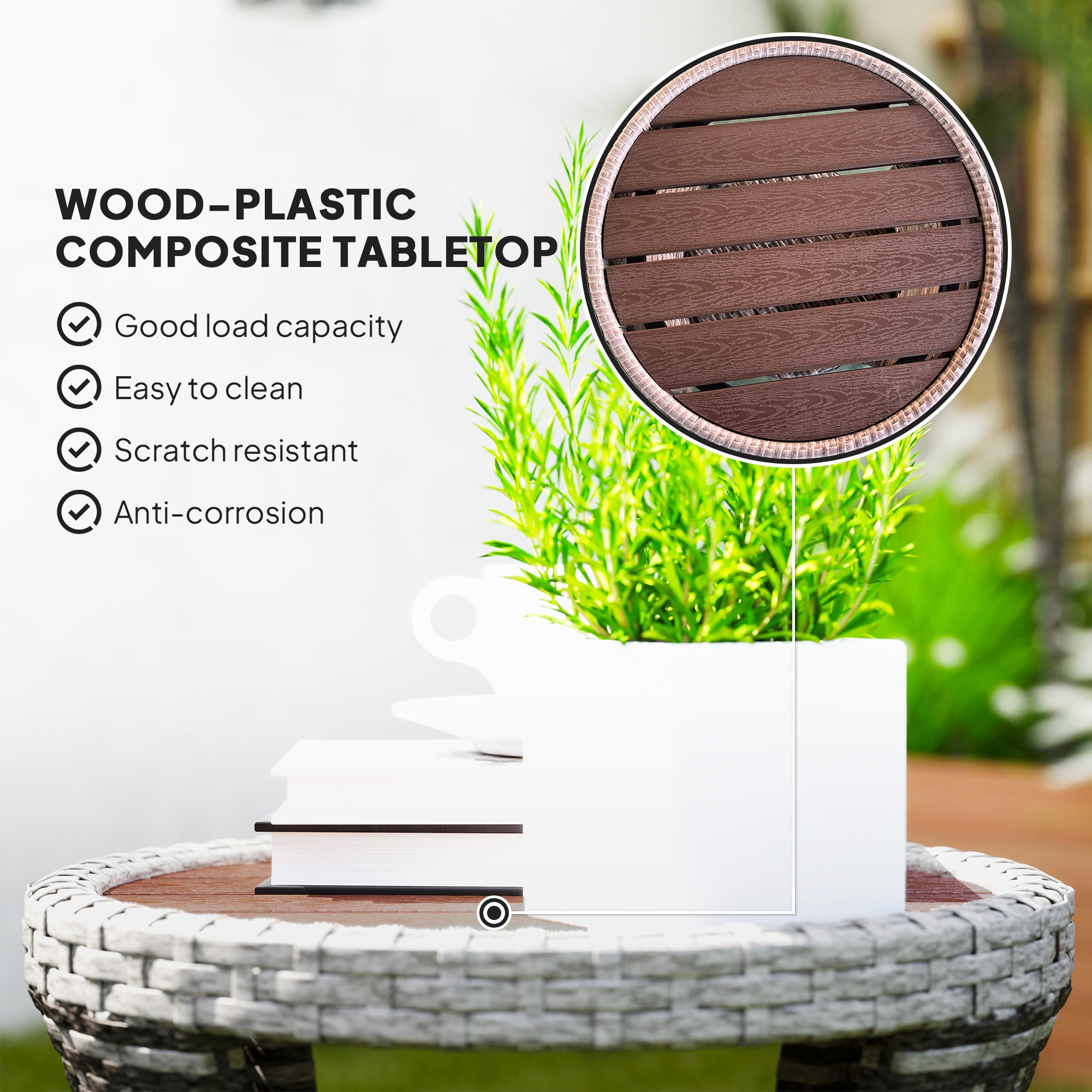 18" Wicker Outdoor Coffee Table, PE Rattan Patio Side Table with 2-Tier Storage, Composite Wood Top