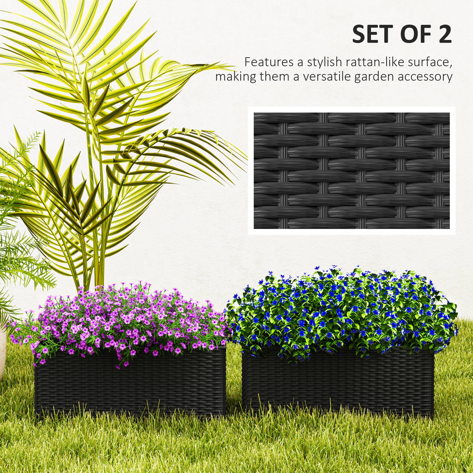 2 Pack 20 Inch Railing Flower Pots, Hanging Flower Pots with Hooks, Drainage Holes for Fence, Rattan Look, Black