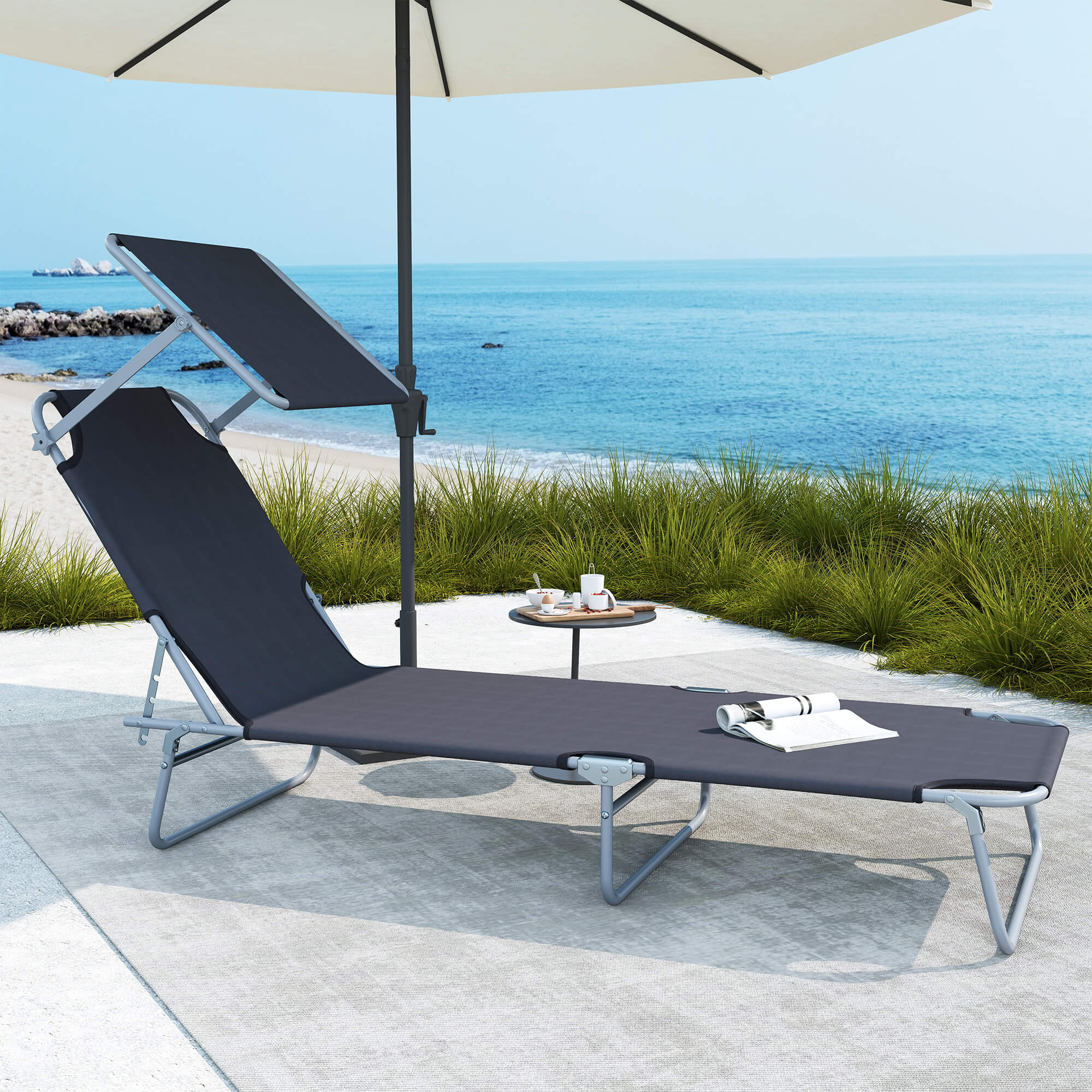 Outdoor Pool Chaise Lounge Chair, Folding Tanning Chair with Sun Shade