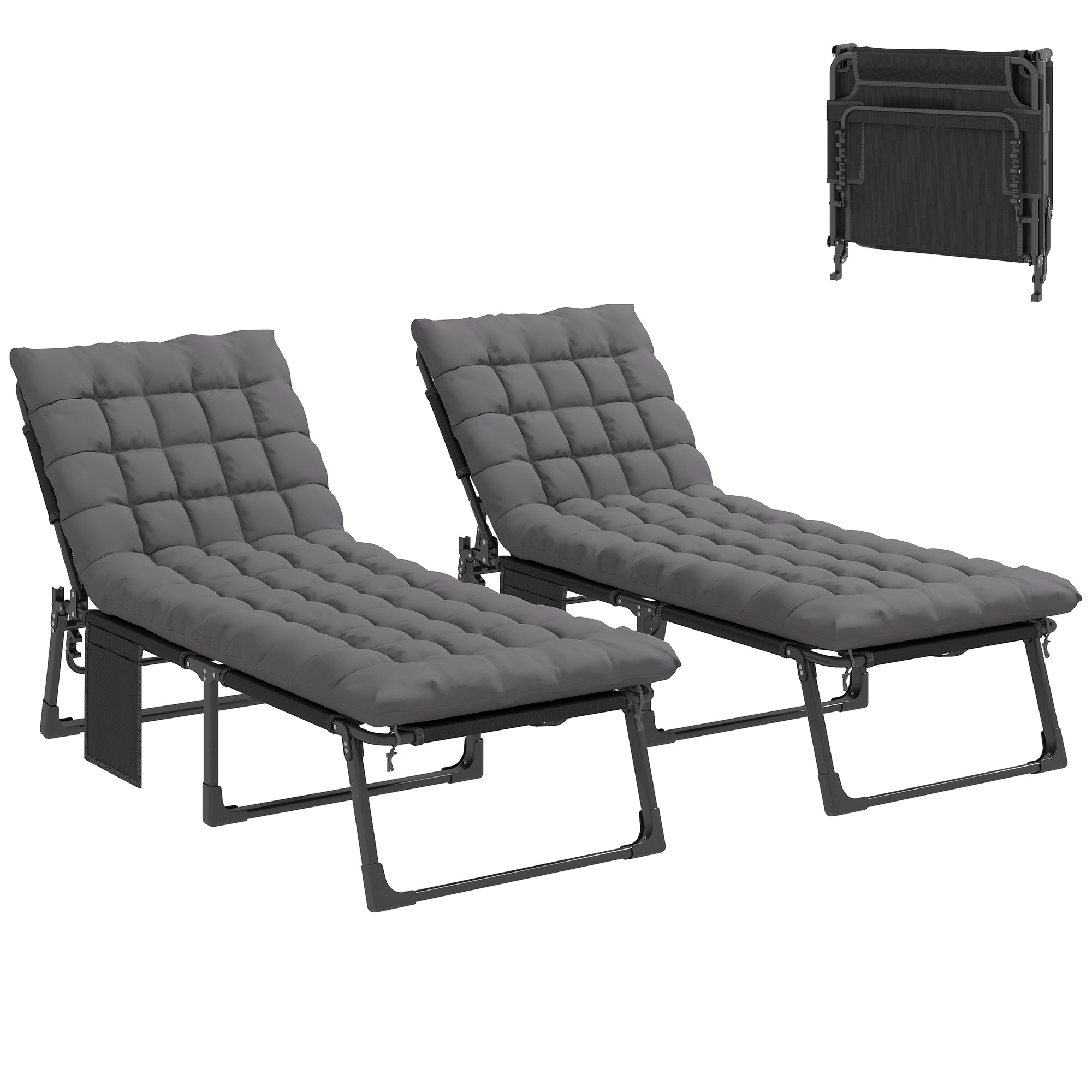 Folding Chaise Lounge Chair Outdoor Tanning Chair Set of 2 with 5-Position Backrest, Cushions, Side Pocket