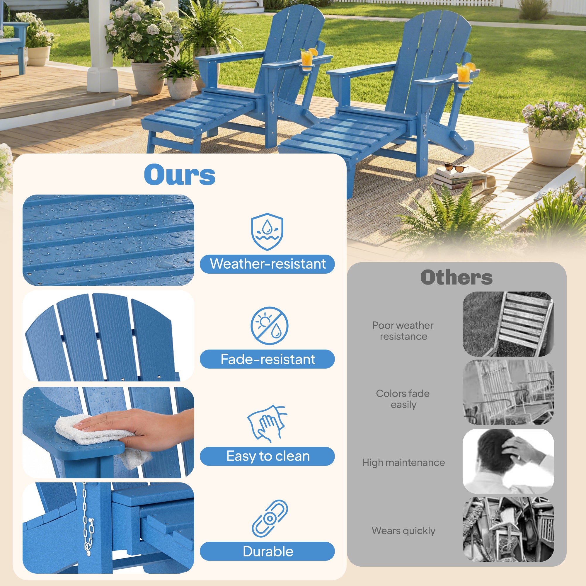 Folding Adirondack Chair Set of 2, HDPE Fire Pit Chair with Retractable Ottoman and Cup Holder