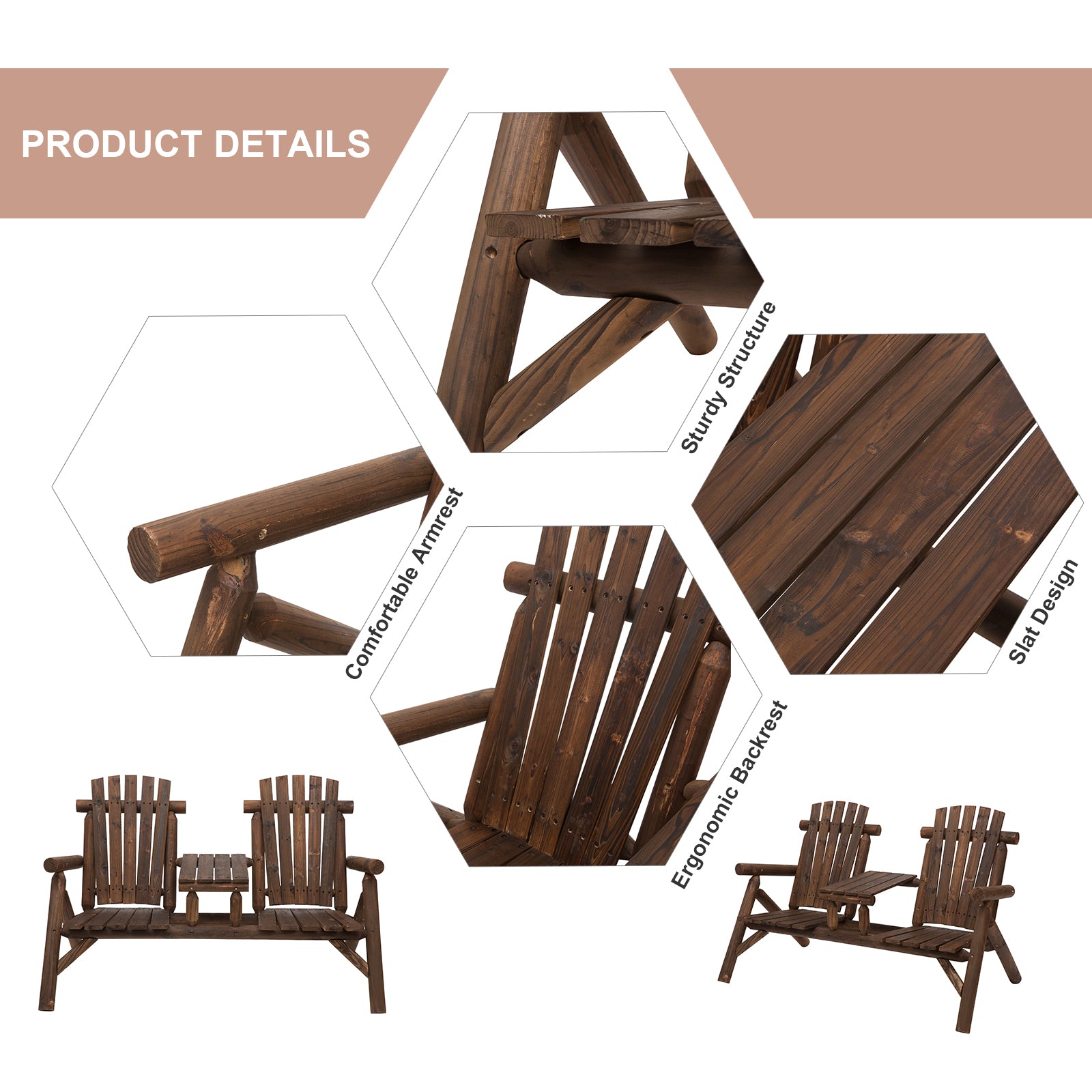 2-Seat Wooden Adirondack Chair, Patio Bench with Table, Outdoor Loveseat Fire Pit Chair for Porch, Backyard, Deck
