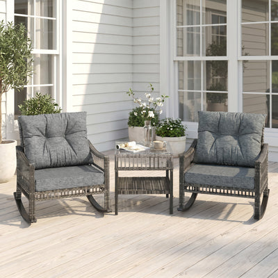 3 Piece Outdoor PE Rattan Rocker Chair Set, Rocking Chair with Tempered Glass Table Top