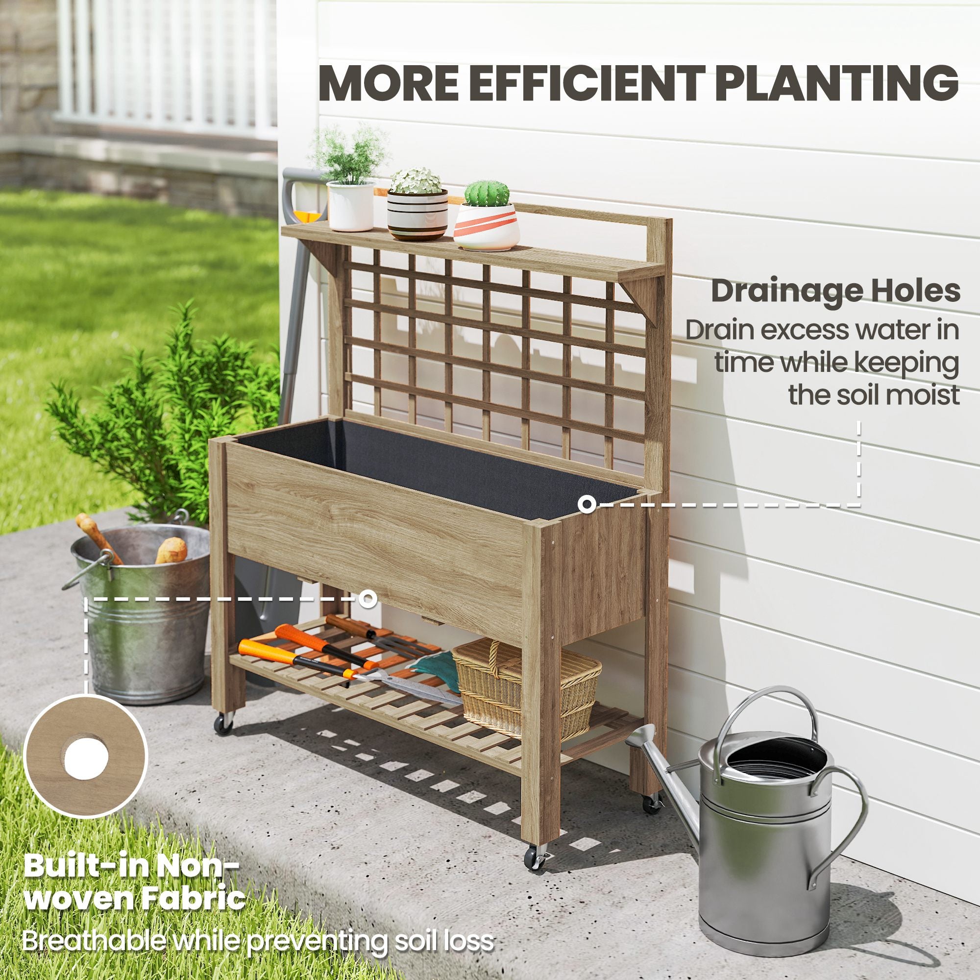 41" Raised Garden Bed Mobile Elevated Wooden Planter Box Stand with Wheels, Trellis and Storage Shelf