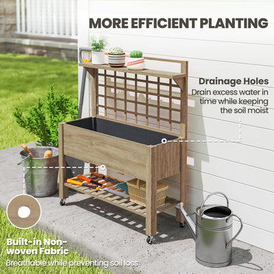 41" Raised Garden Bed Mobile Elevated Wooden Planter Box Stand with Wheels, Trellis and Storage Shelf