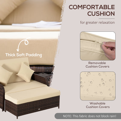 Patio Rattan Daybed with Cushions, Wicker Outdoor Bed Lounger w/ Loveseat, Storage Ottoman, Coffee & Side Tables, for Poolside, Porch, Backyard, Beige