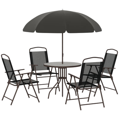6 Piece Patio Dining Set for 4 with Umbrella, Outdoor Table and Chairs with 4 Folding Dining Chairs & Round Glass Table for Garden, Backyard and Poolside, Black and Coffee