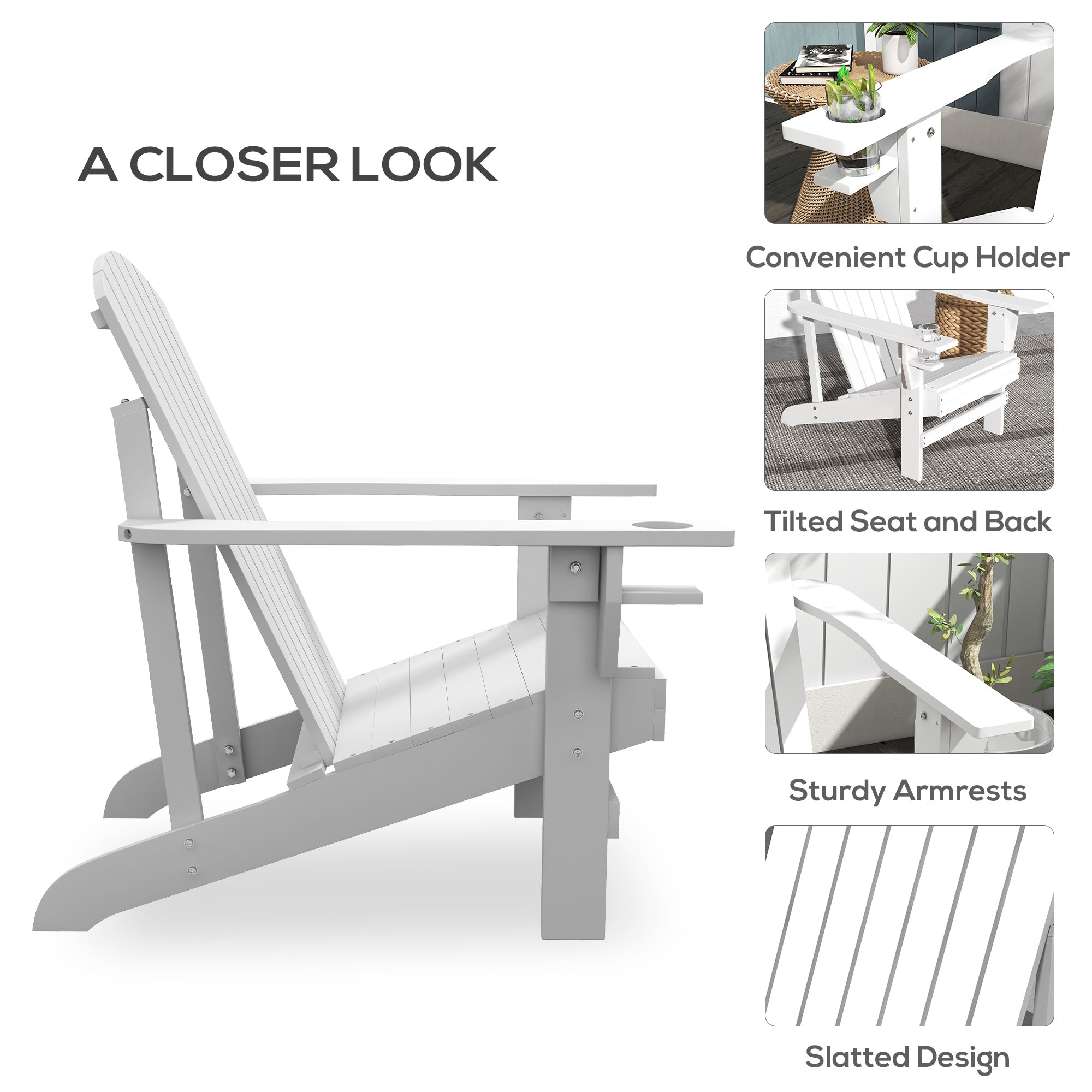 Oversized Adirondack Chair, Outdoor Fire Pit and Porch Seating, Classic Log Lounge w/ Built-in Cupholder, White