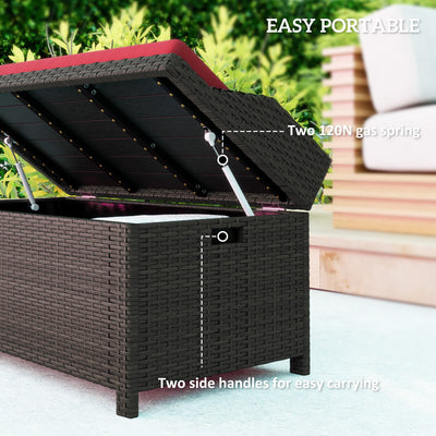 Outdoor Wicker Storage Bench with Storage & Cushion, Red