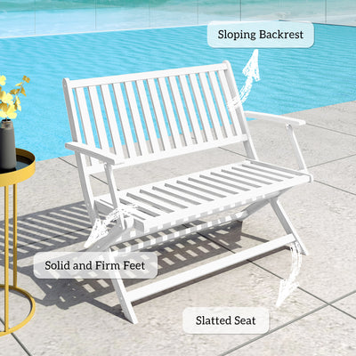 2-Person Foldable Wood Outdoor Bench with Backrest and Armrests for Garden, Porch, Park, Balcony, White