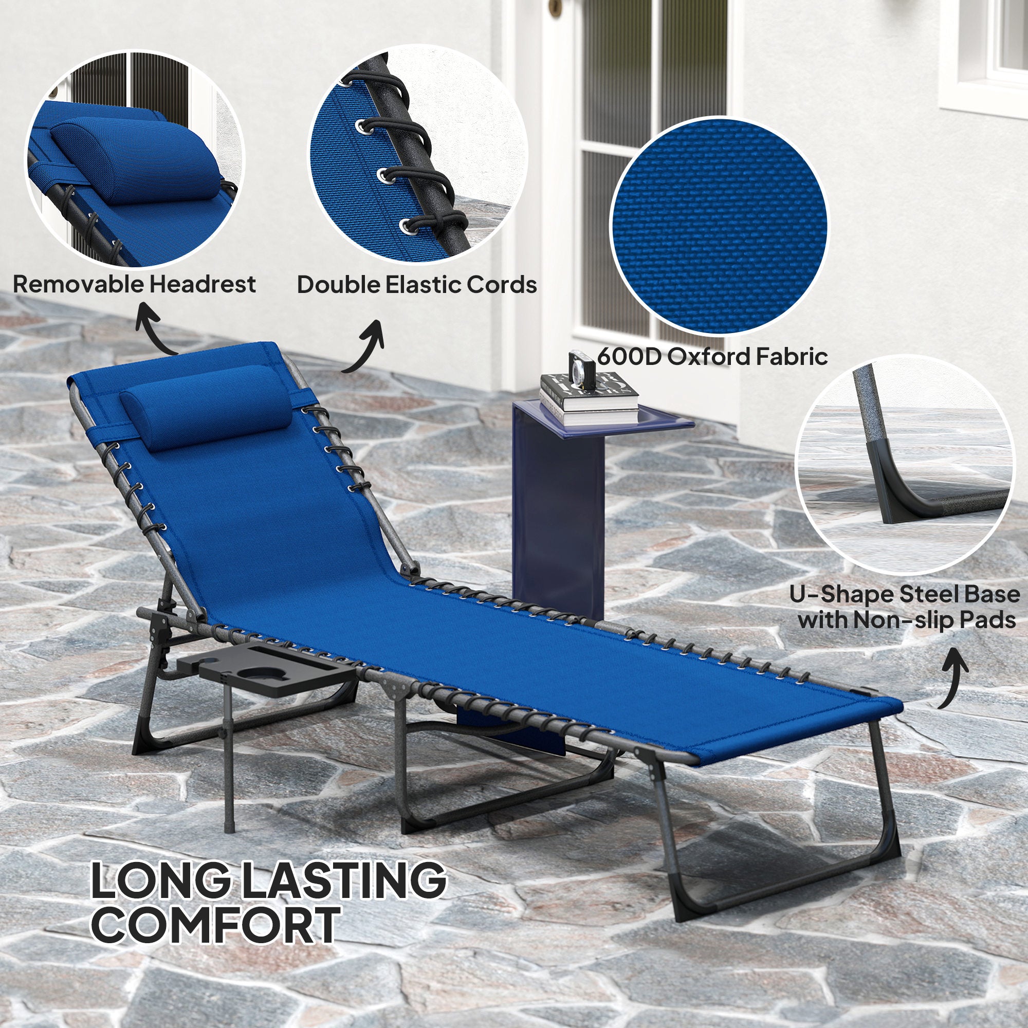 Folding Outdoor Chaise Lounge Chair Tanning Chair with 5-Level Adjustable Back, Side Table, Pillow, Pocket