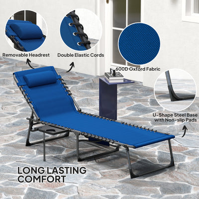 Folding Outdoor Chaise Lounge Chair Tanning Chair with 5-Level Adjustable Back, Side Table, Pillow, Pocket