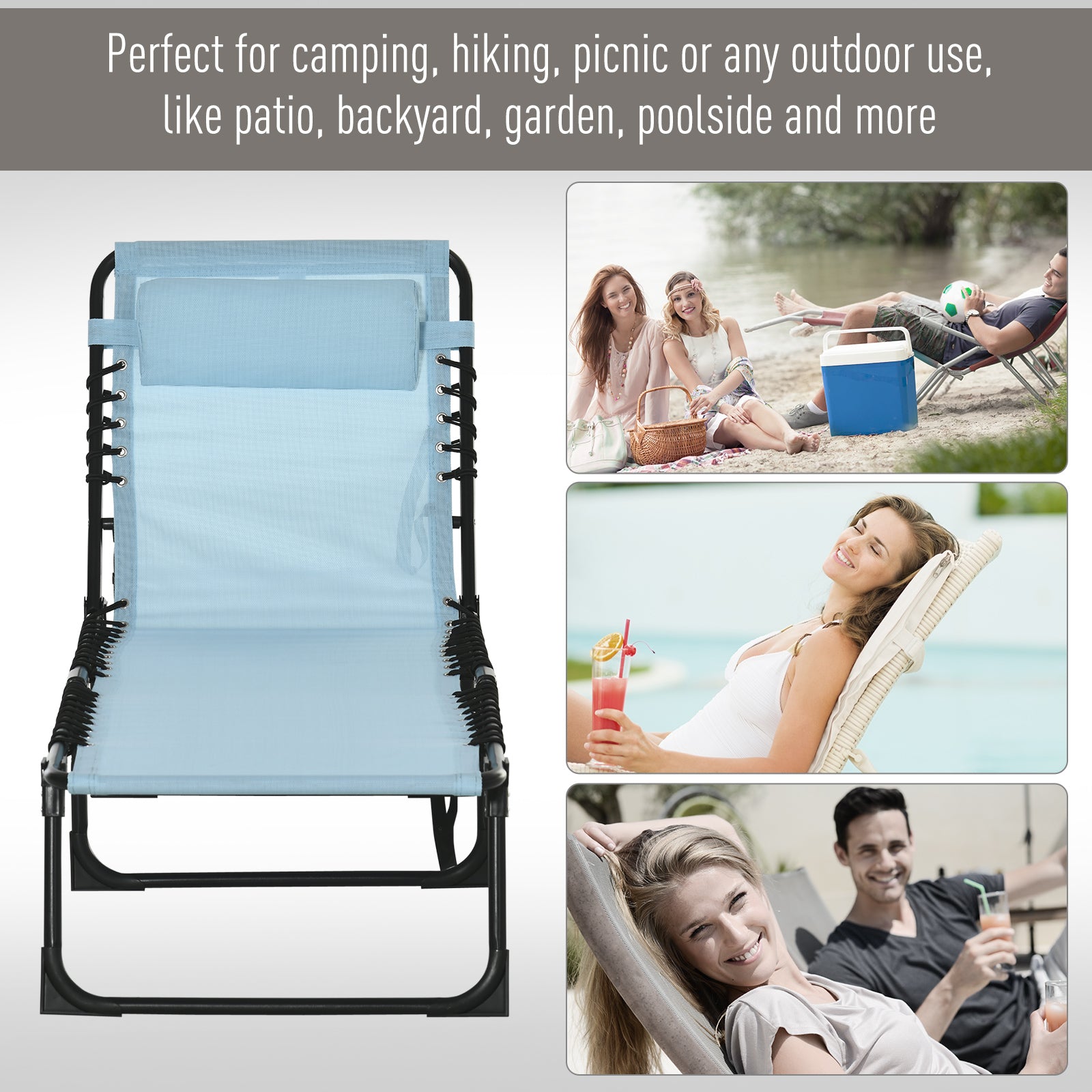 Foldable Chaise Lounge, 3-Position Reclining Back, Portable design and Breathable Mesh for Poolside, Camping, Hiking